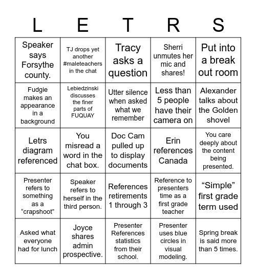 LETRS PM Session Bingo Card