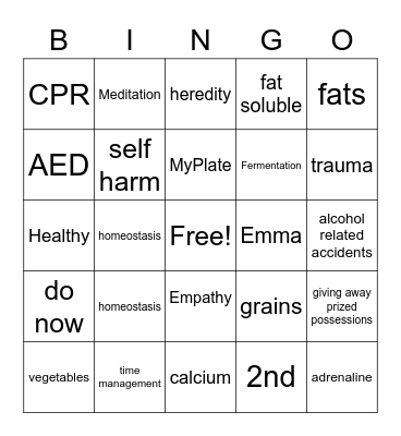 Health 1 Bingo Card