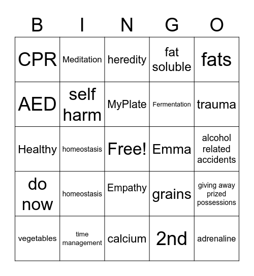 Health 1 Bingo Card