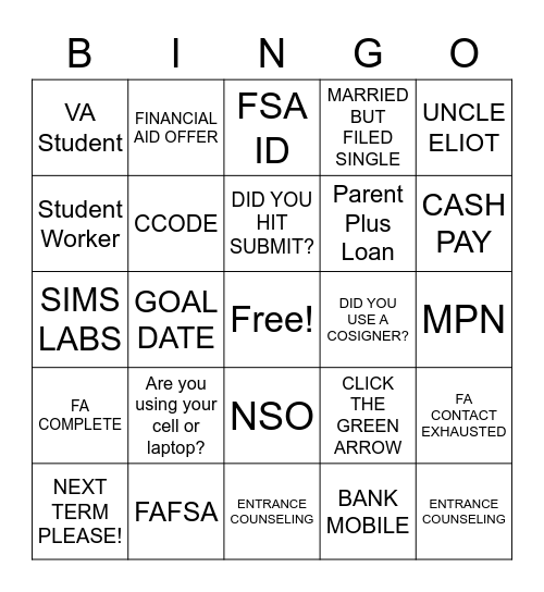 WCU FA TEAM Bingo Card