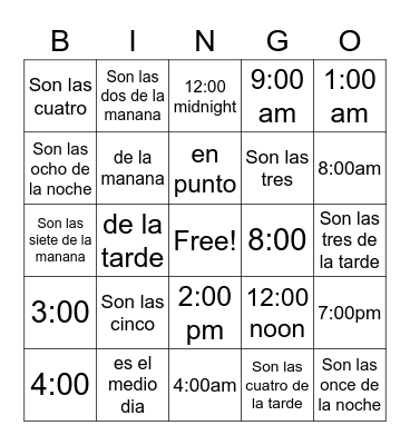 Telling Time Bingo Card