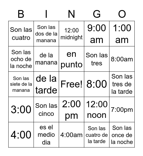 Telling Time Bingo Card