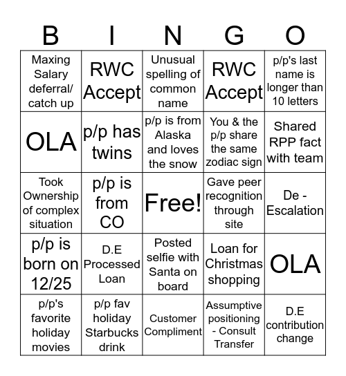 Holiday Bingo Card