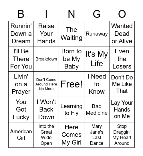Tom Petty and Bon Jovi ONLY Bingo Card