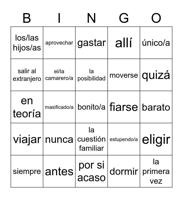 Spanish Bingo Card