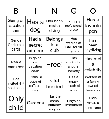BAE Bingo Card