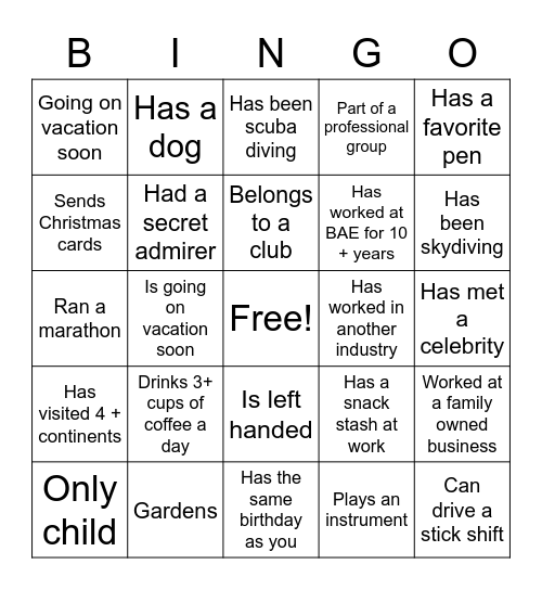 BAE Bingo Card