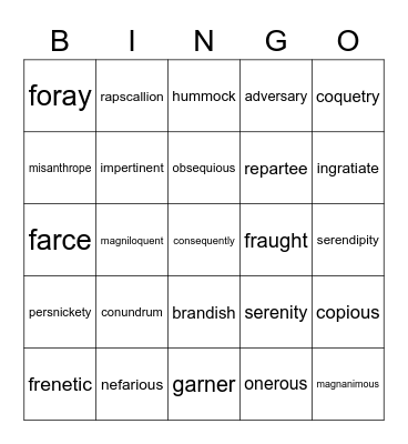 word of the day Bingo Card