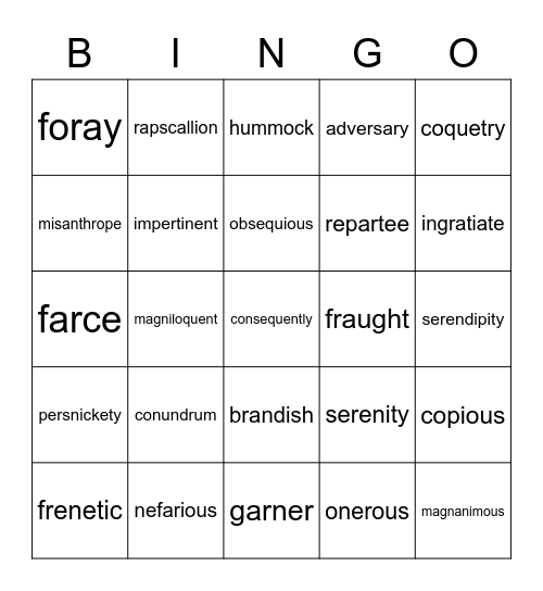 word of the day Bingo Card