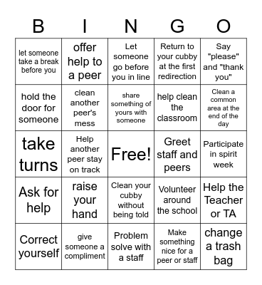 Spirit Week Considerate Bingo Card
