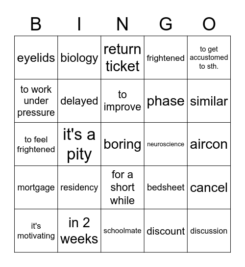 vocabulary revision Bingo Card