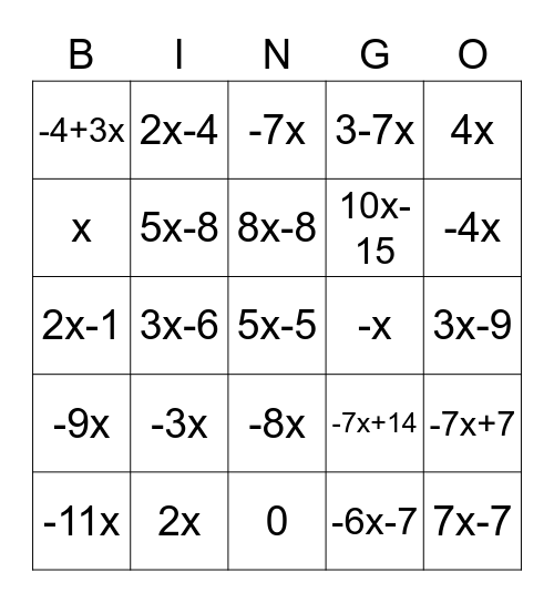 Simplify Linear Expressions Bingo Card