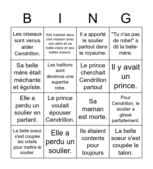 CENDRILLON - HISTOIRE COMPLÈTE pour COLLER - 4x4 Bingo Card