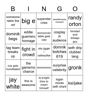Wrestlemania Night 1 Bingo Card