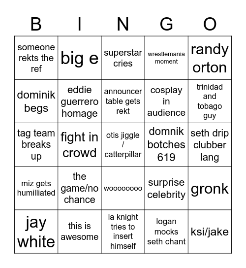 Wrestlemania Night 1 Bingo Card
