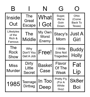 Pop Punk/Alternative Bingo Card