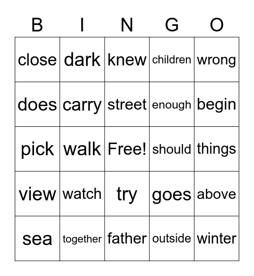 Sight Word Practice Bingo Card