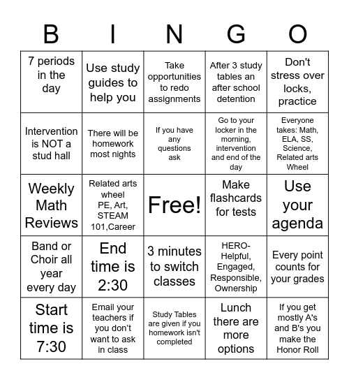 GMS 6th Grade Bingo Card