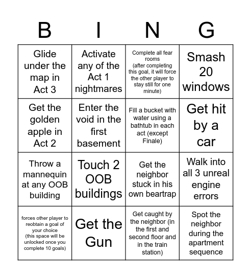 Hello Neighbor BINGO Card