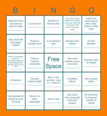 HOPE Human Scavenger Hunt BINGO Card
