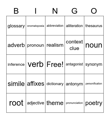 Reading/Writing Vocabulary Bingo Card