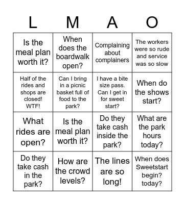 Hersheypark Bingo Card