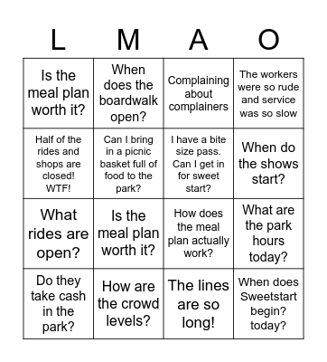 Hersheypark Bingo Card