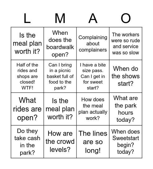 Hersheypark Bingo Card