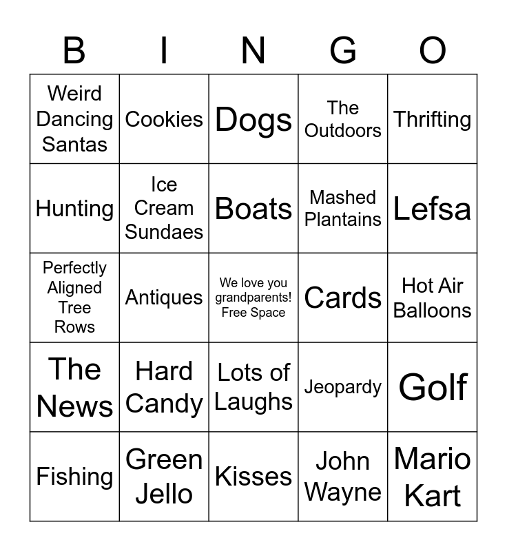 Grandparent's Day Bingo Card