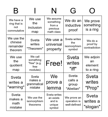 Algebra Bingo Card