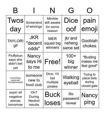Food Club March 31st Bingo Card