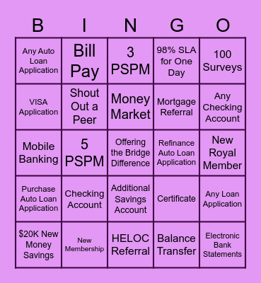 Bridge Credit Union BIG 5 Bingo Card