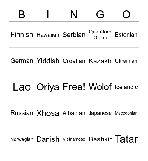 Language Bingo Card