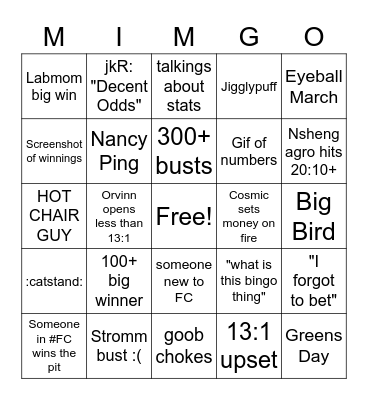 Food Club Friday Bingo Card