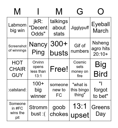 Food Club Friday Bingo Card