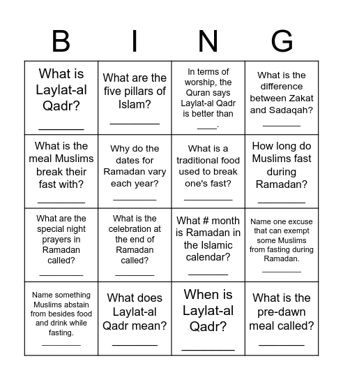 Ramadan Trivia Bingo Card