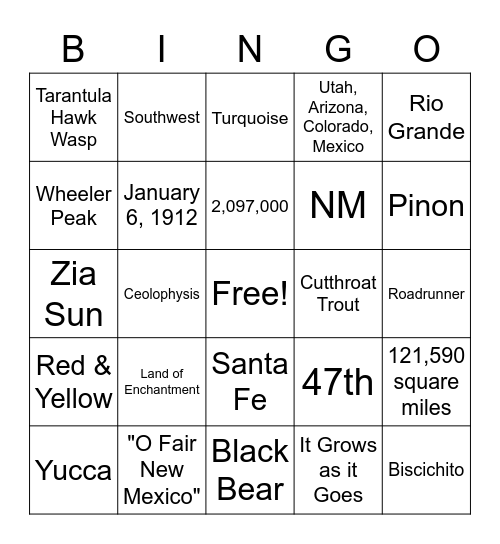 New Mexico Bingo Card