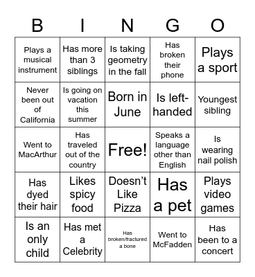 Ice Breaker Bingo Card