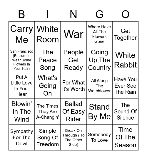 60s and 70s Peace and Love Bingo Card