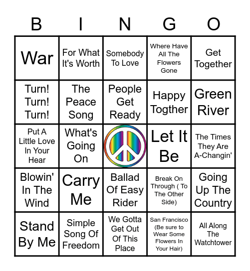 60s and 70s Peace and Love Bingo Card