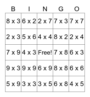Multiplication Bingo Card