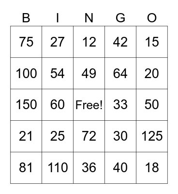 Multiplication Bingo Card