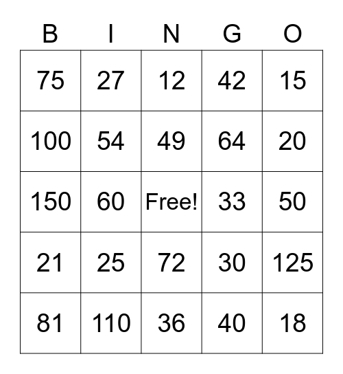 Multiplication Bingo Card