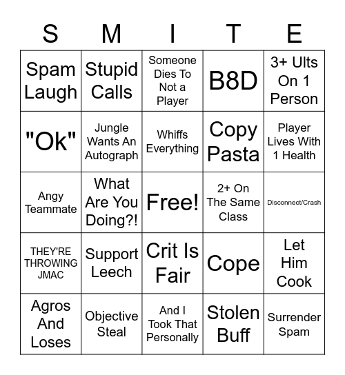 Smite Conquest Bingo Card