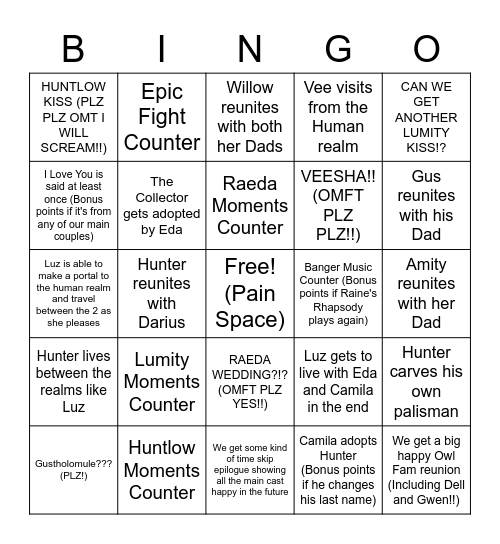 The Owl House Season 3 Watching and Dreaming Bingo (Pt 1) Bingo Card
