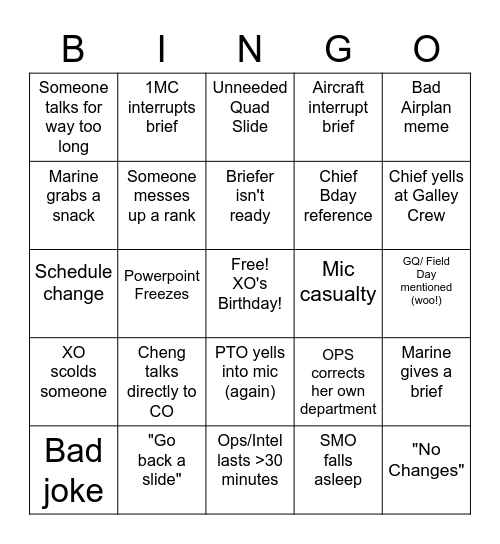 Ops/ Intel Bingo Card