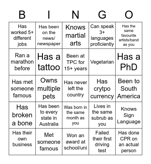 TPC Signature Bingo Card