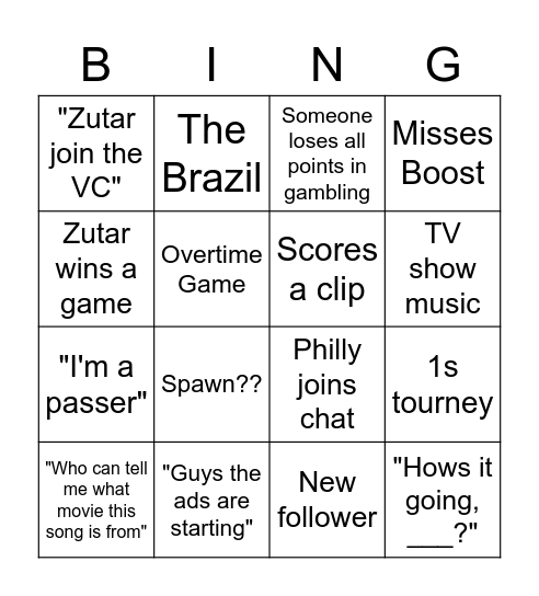 The Zutar Stream Bingo Card