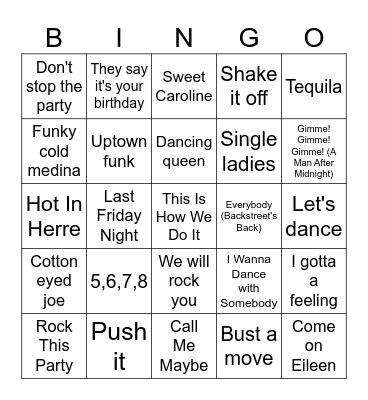 Party songs Bingo Card