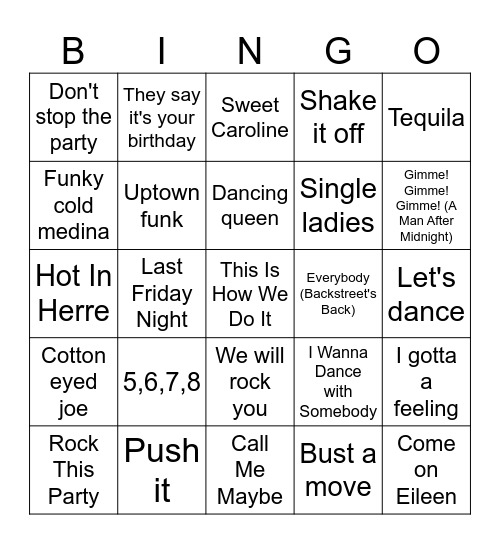 Party songs Bingo Card